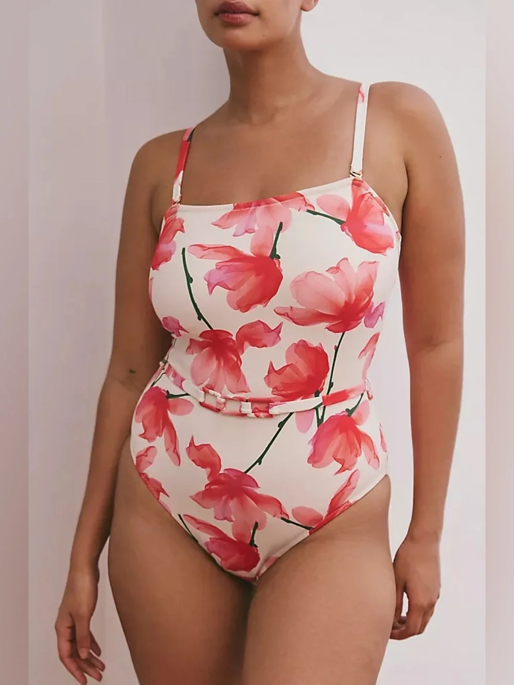 HUTCH Chain Belt One-Piece Swimsuit in  Ivory Red Floral